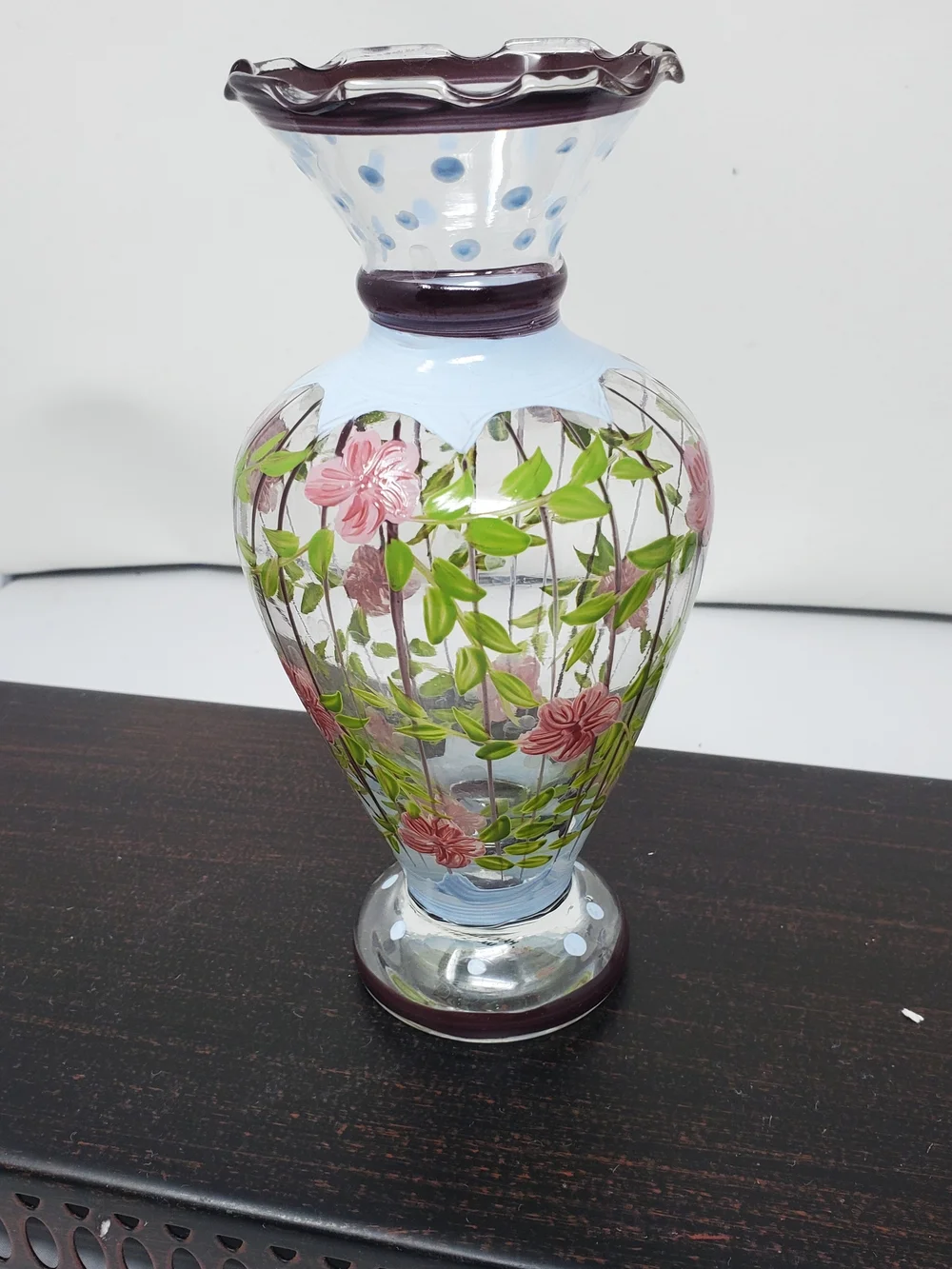Hand-Painted Glass Vase with Blue Butterfly Motif
